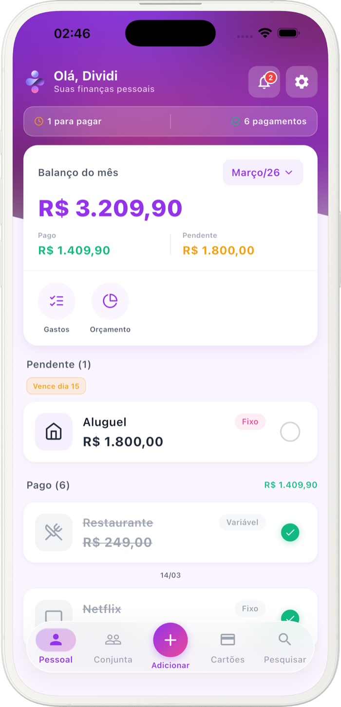 Mockup do dividi mostrando a tela principal da conta pessoal