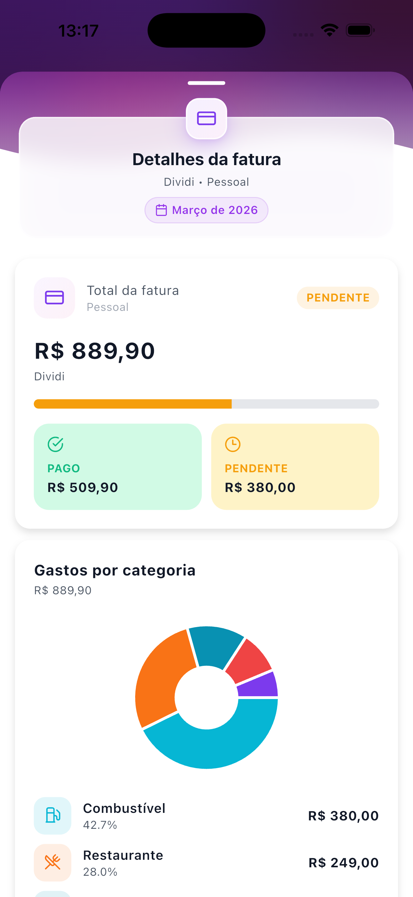 Tela com detalhes da fatura por categoria