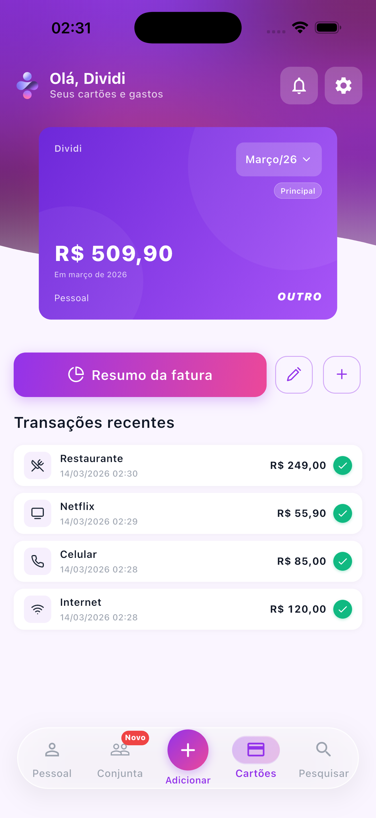 Tela de cartões e transações recentes