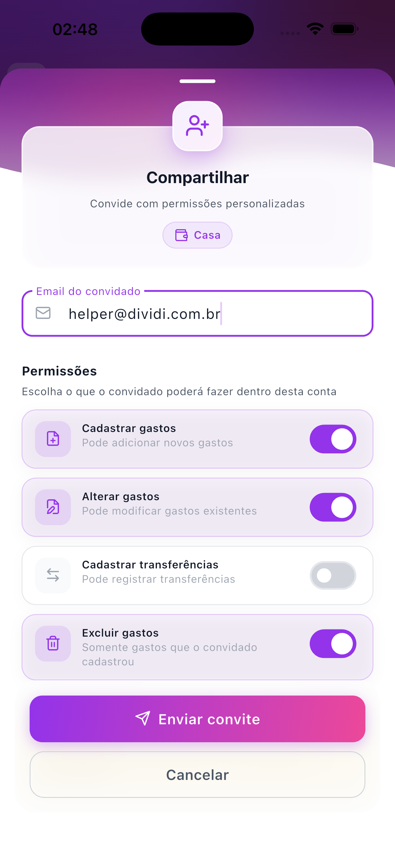 Tela de compartilhamento com permissões
