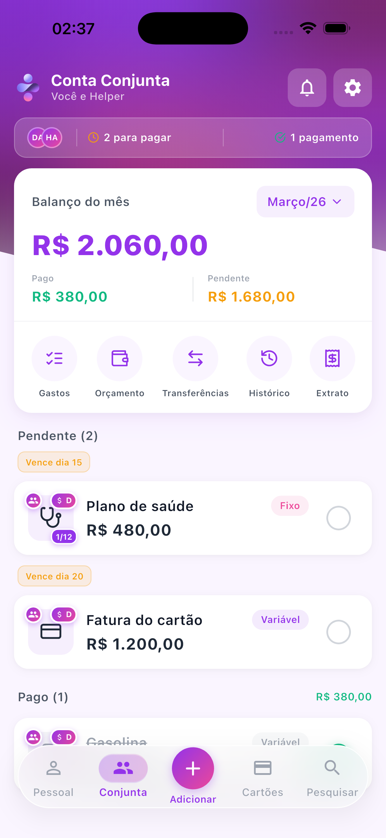 Tela da conta conjunta do dividi