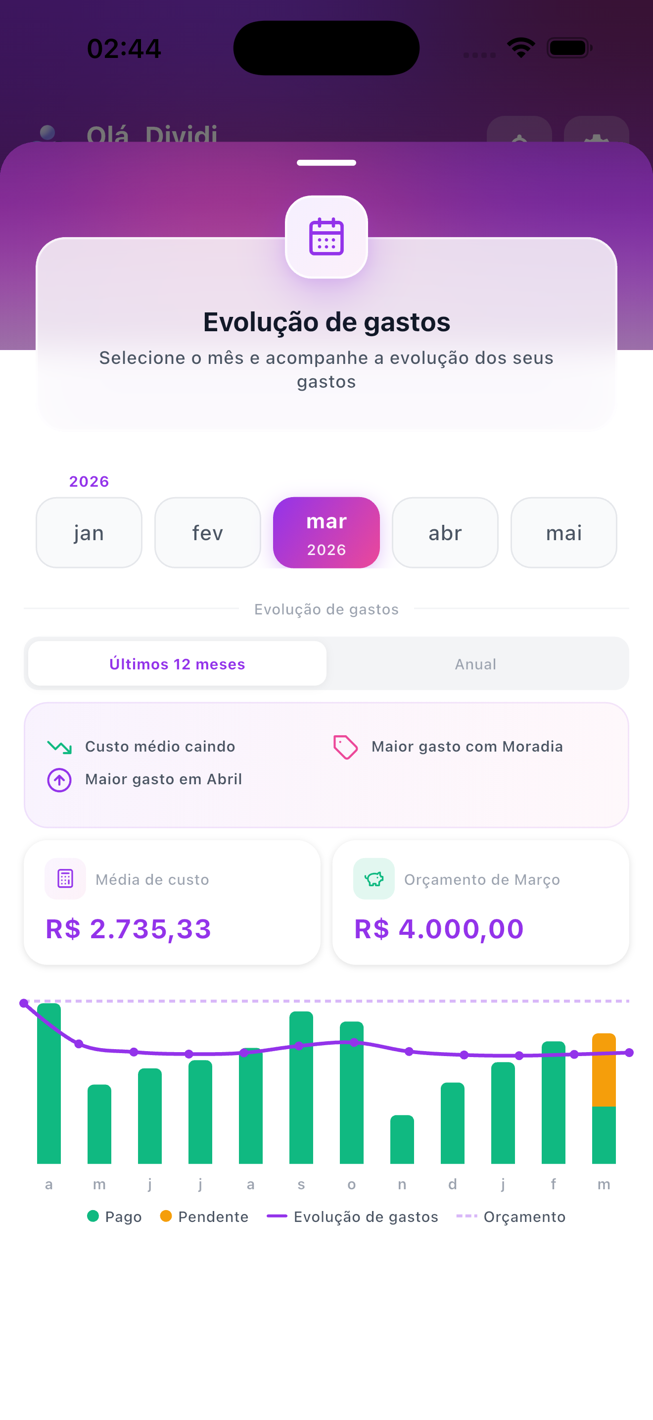 Tela com gráfico de evolução dos gastos