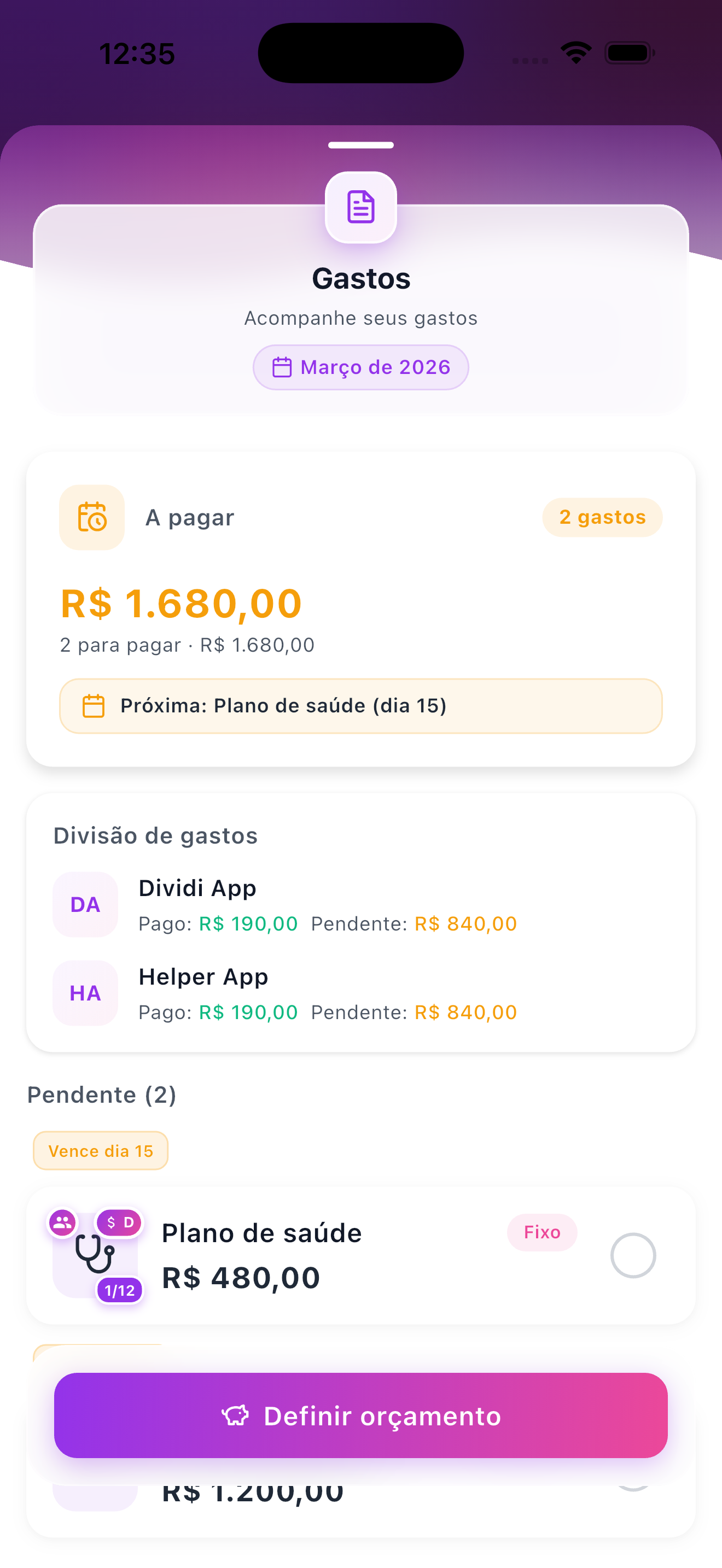 Tela de gastos com divisão por pessoa