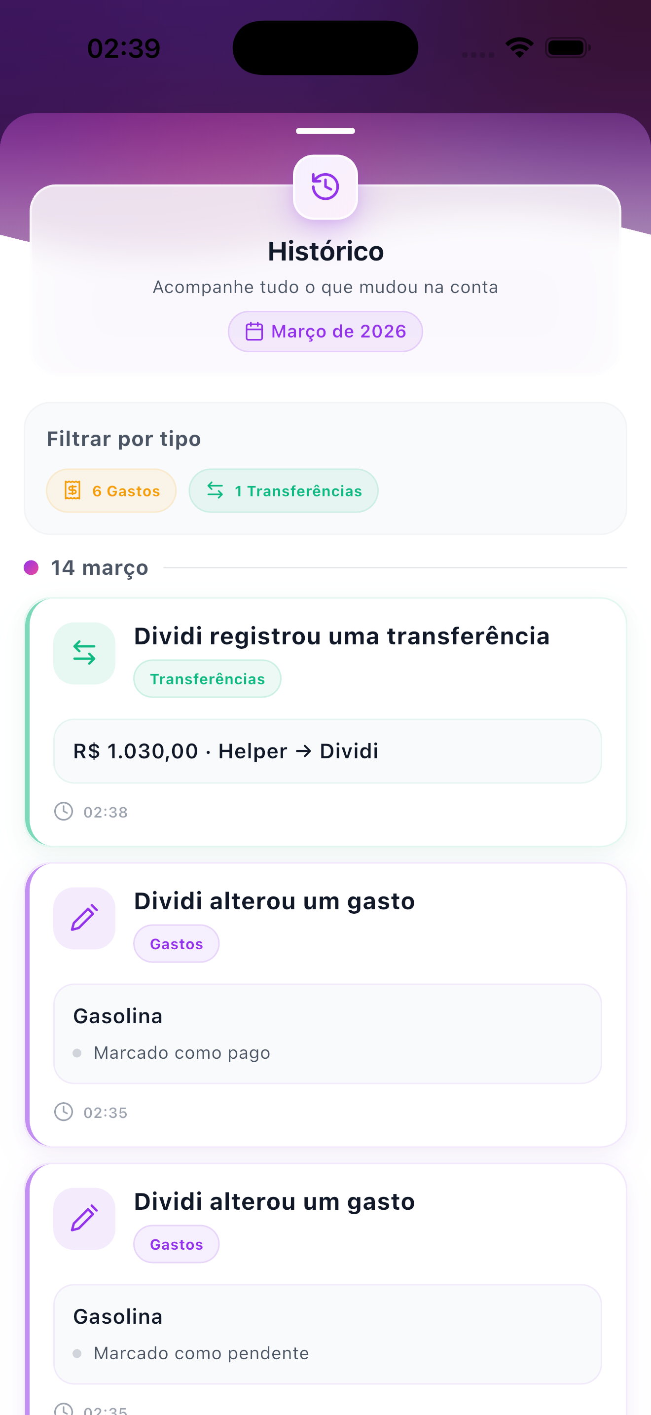 Tela de histórico da conta