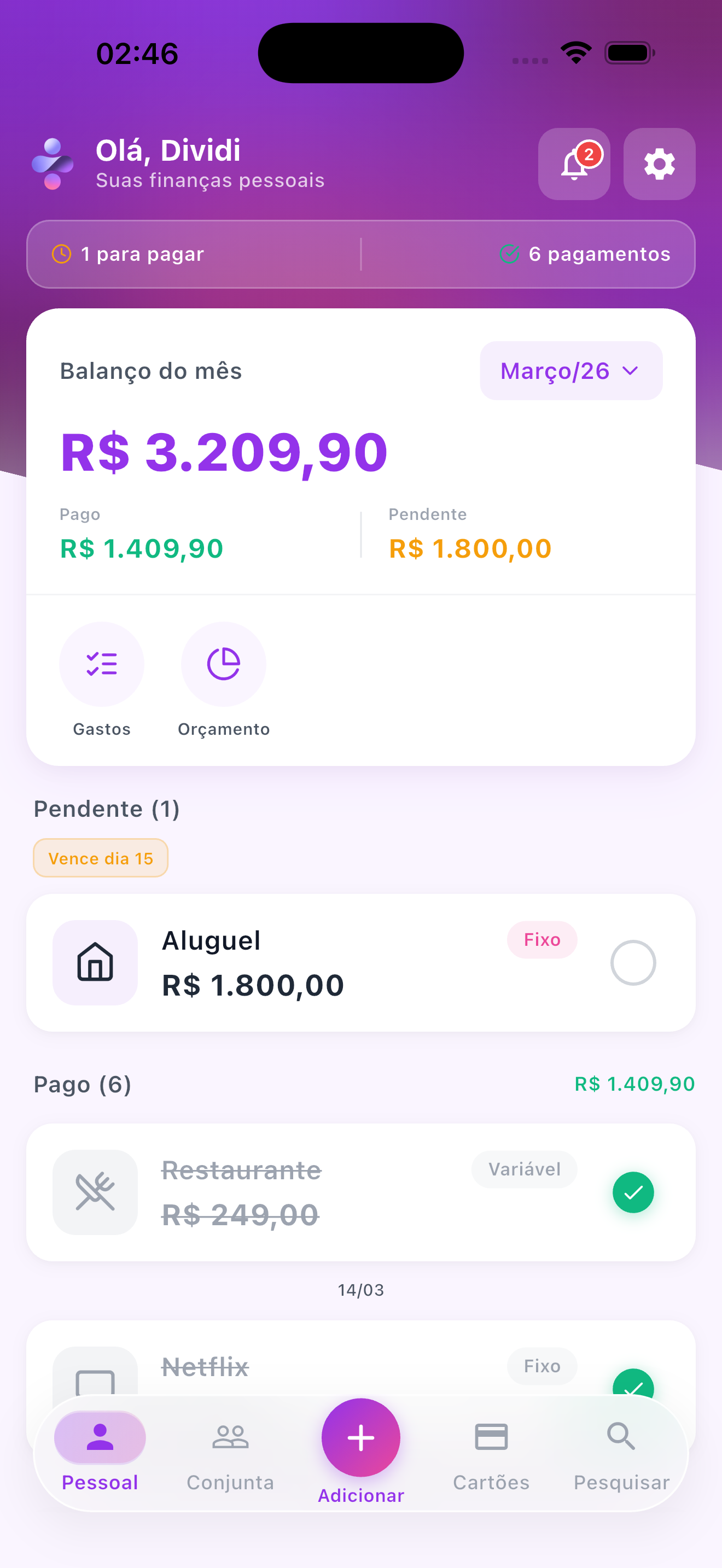 Tela da conta pessoal do dividi