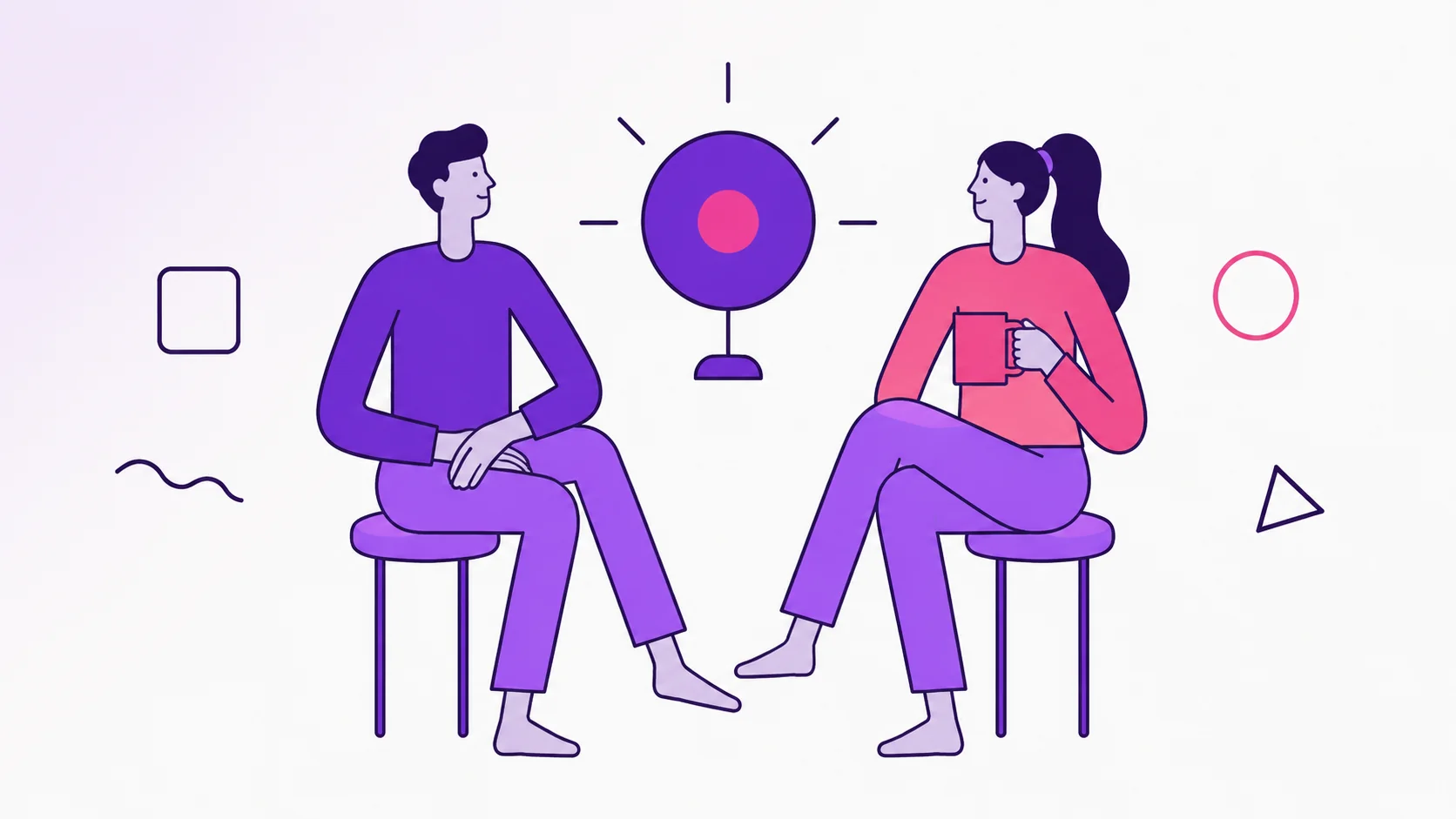Casal sentado lado a lado em conversa calma, com uma lâmpada-ideia flutuando entre eles, representando o momento em que a frustração do mês virou um app feito em casa.