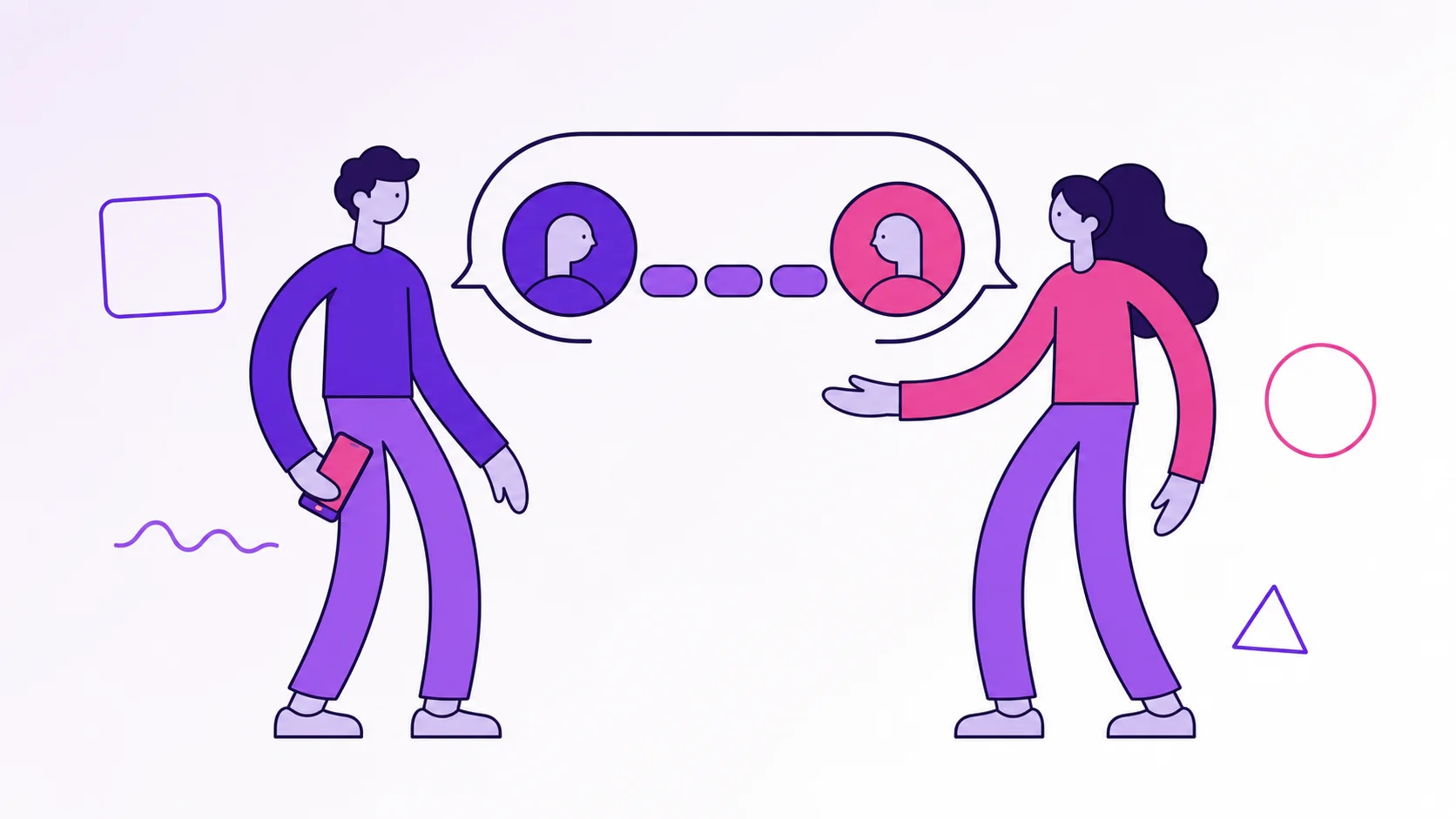 Casal conversando diante de um balão de fala com dois perfis conectados, representando compatibilidade financeira construída com conversa e respeito.