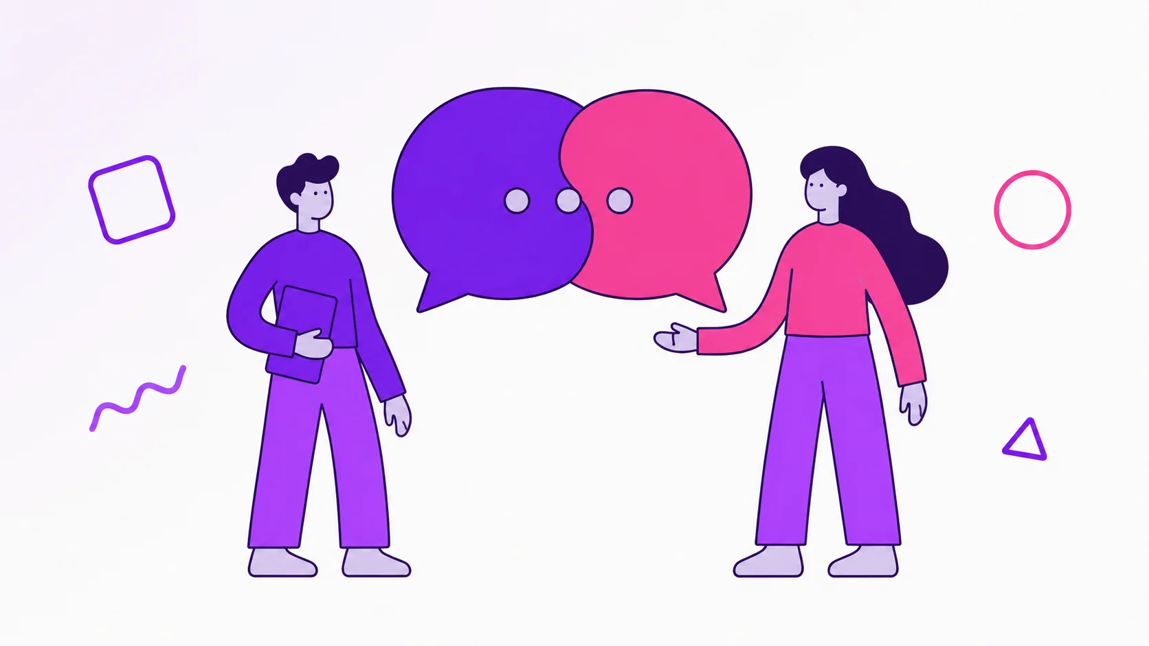 Casal conversando com calma diante de dois balões de fala conectados, representando uma conversa sobre dinheiro que vira acordo em vez de cobrança.