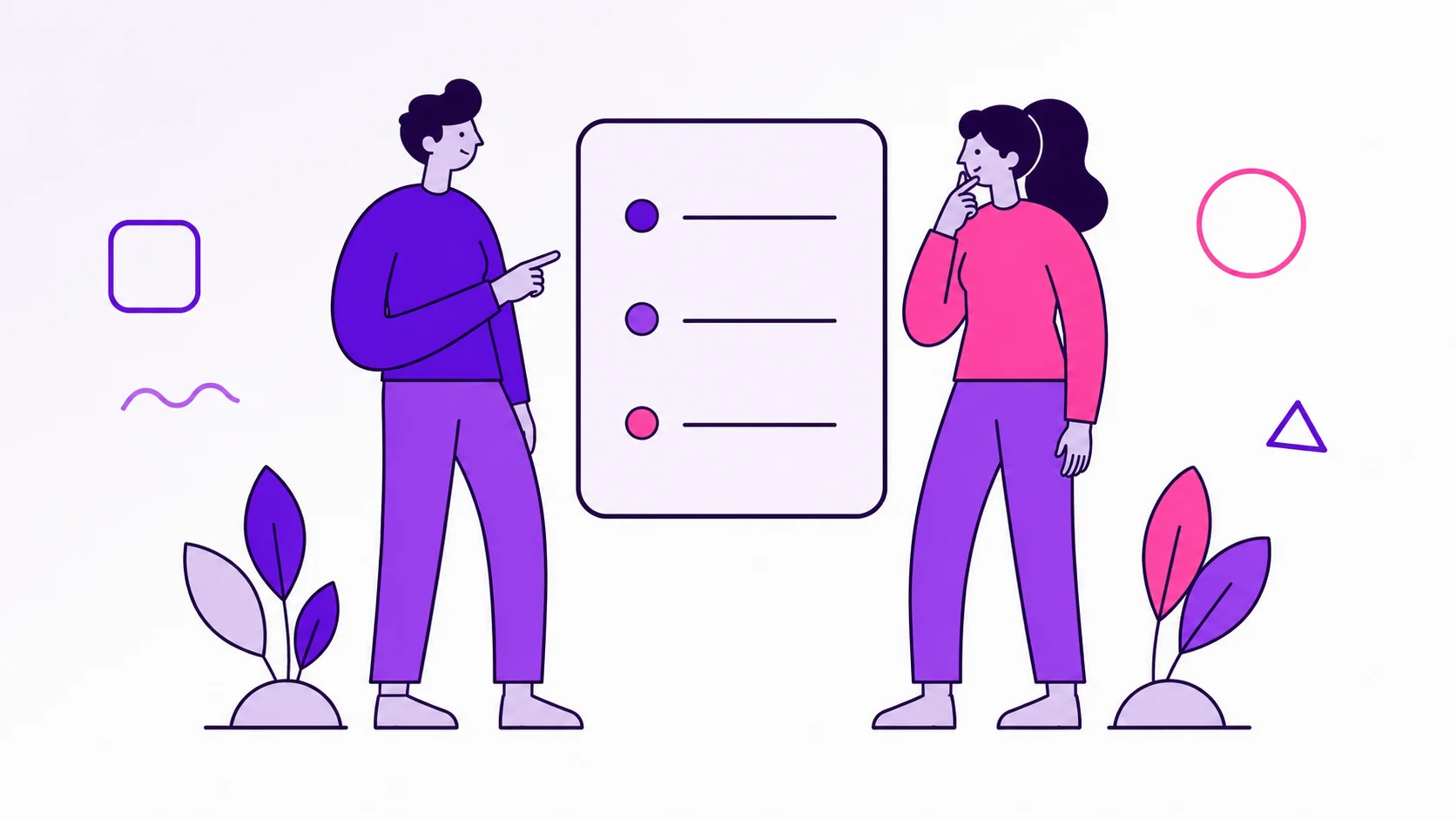 Casal lendo juntos uma checklist com três marcadores coloridos, em postura curiosa e atenta — observando padrões do mês sem alarmar nem culpar.