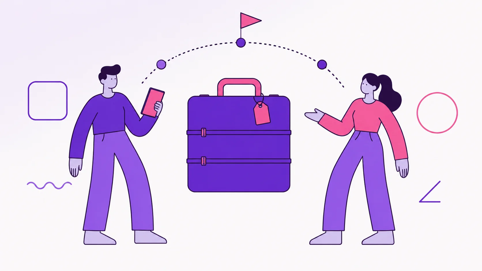Casal planejando uma viagem juntos: uma mala roxa no centro, etiqueta rosa e um arco de rota com três paradas e uma bandeirinha de torcida no topo, representando a viagem combinada para a Copa.