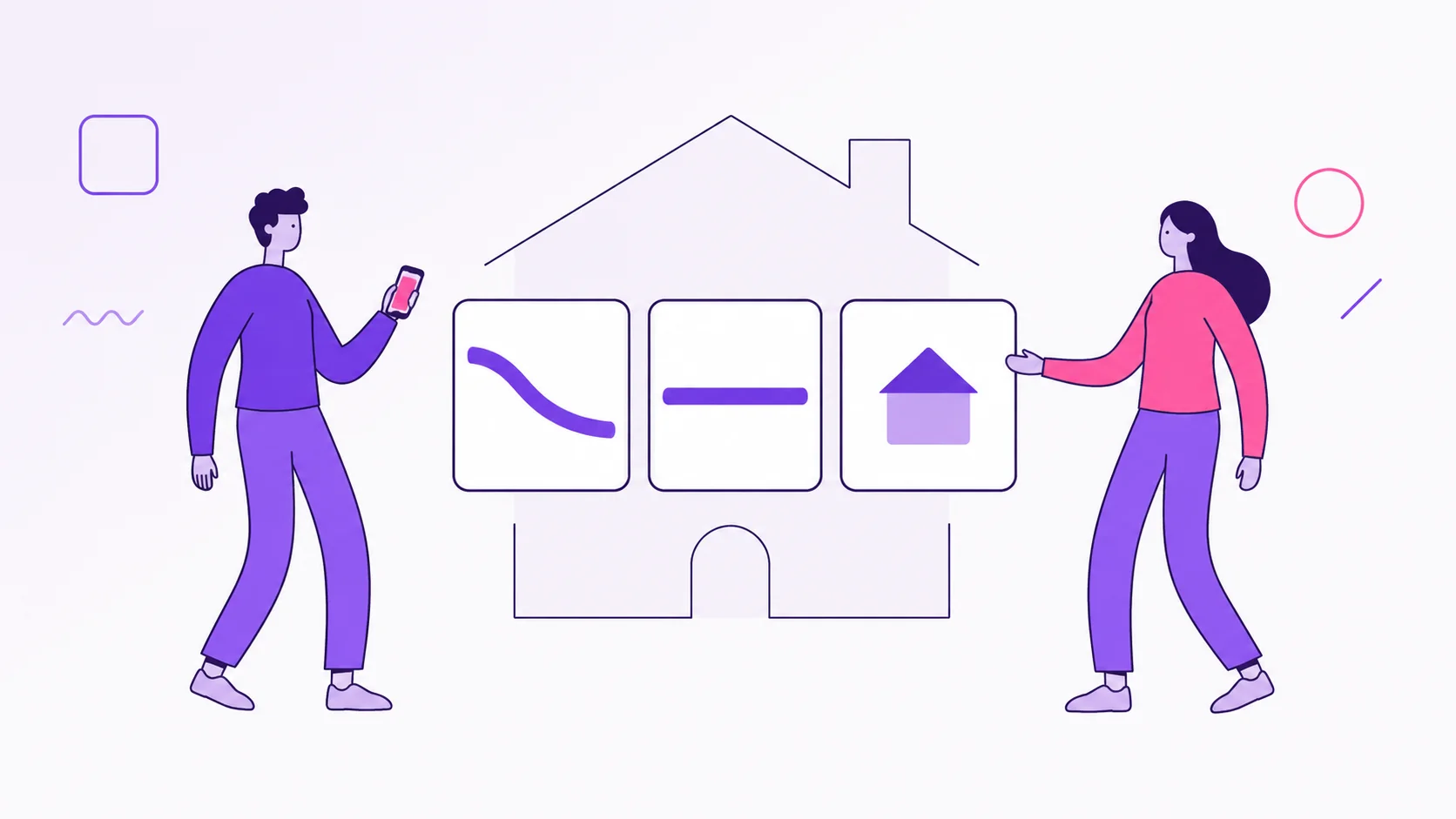 Casal comparando três caminhos para financiar um imóvel, com uma casa em outline ao fundo e opções de parcela decrescente, parcela fixa e programa habitacional.