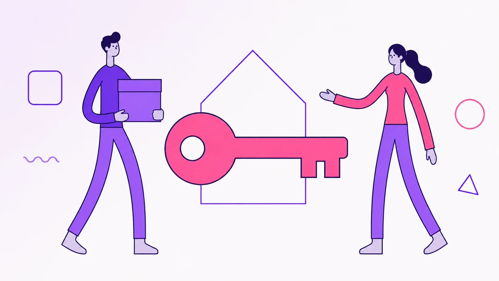 Casal a caminho do primeiro apartamento juntos: um deles segura uma caixa de mudança e o outro estende a mão em direção a uma chave grande, com a silhueta de uma casa em segundo plano.