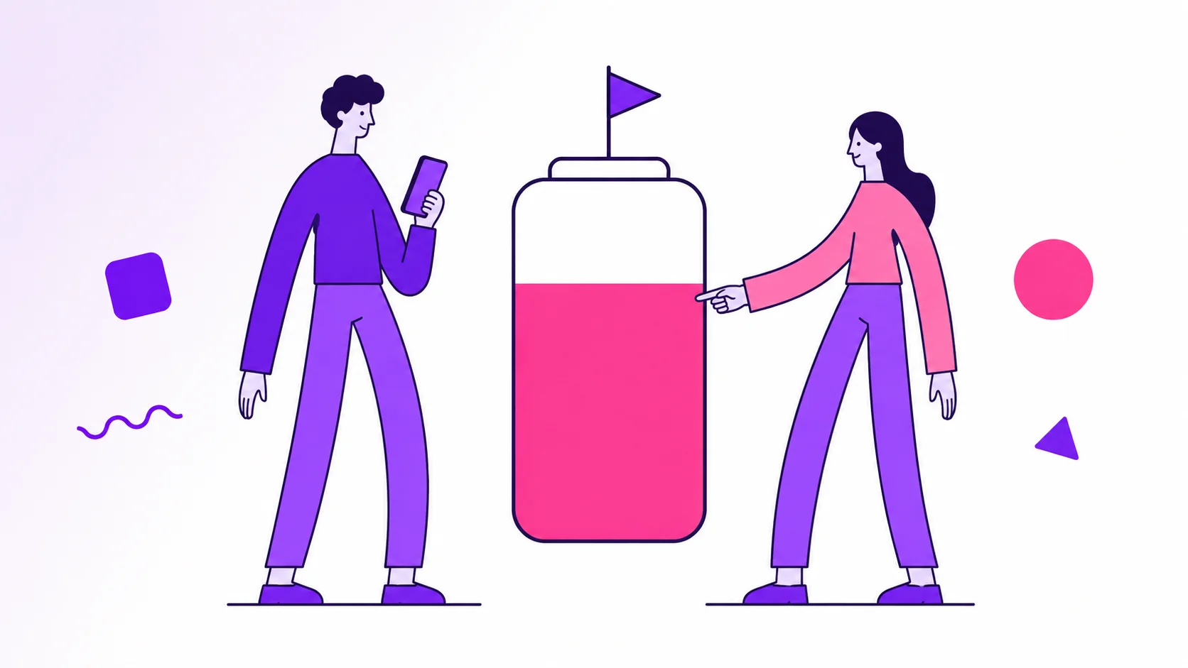 Casal acompanhando junto o progresso de uma meta no dividi: um pote alto pela metade preenchido em rosa, com bandeira de alvo no topo e celular na mão de um deles.