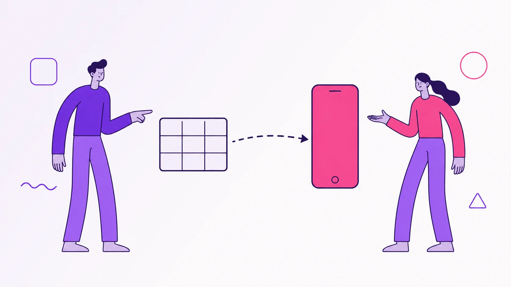 Casal vendo a transição da planilha compartilhada para o app dividi: uma grade simples à esquerda, seta pontilhada apontando para um celular com tela em rosa à direita.