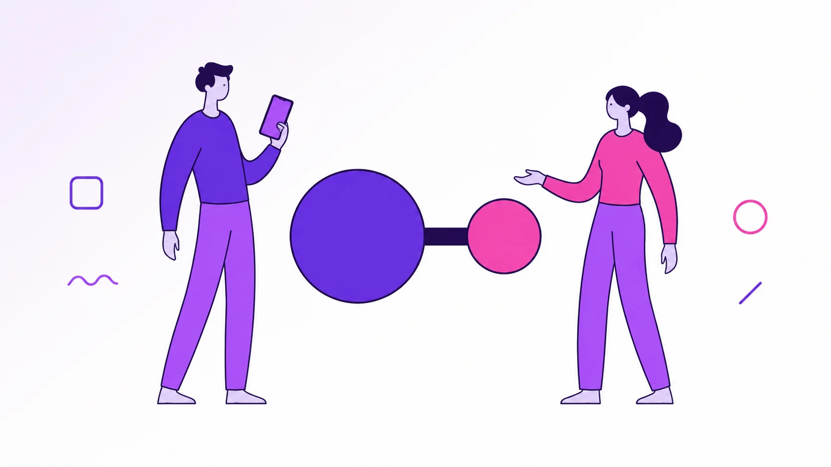 Casal a dois discutindo de forma calma a divisão proporcional de gastos: um diagrama central com dois círculos conectados representa a regra combinada entre eles.