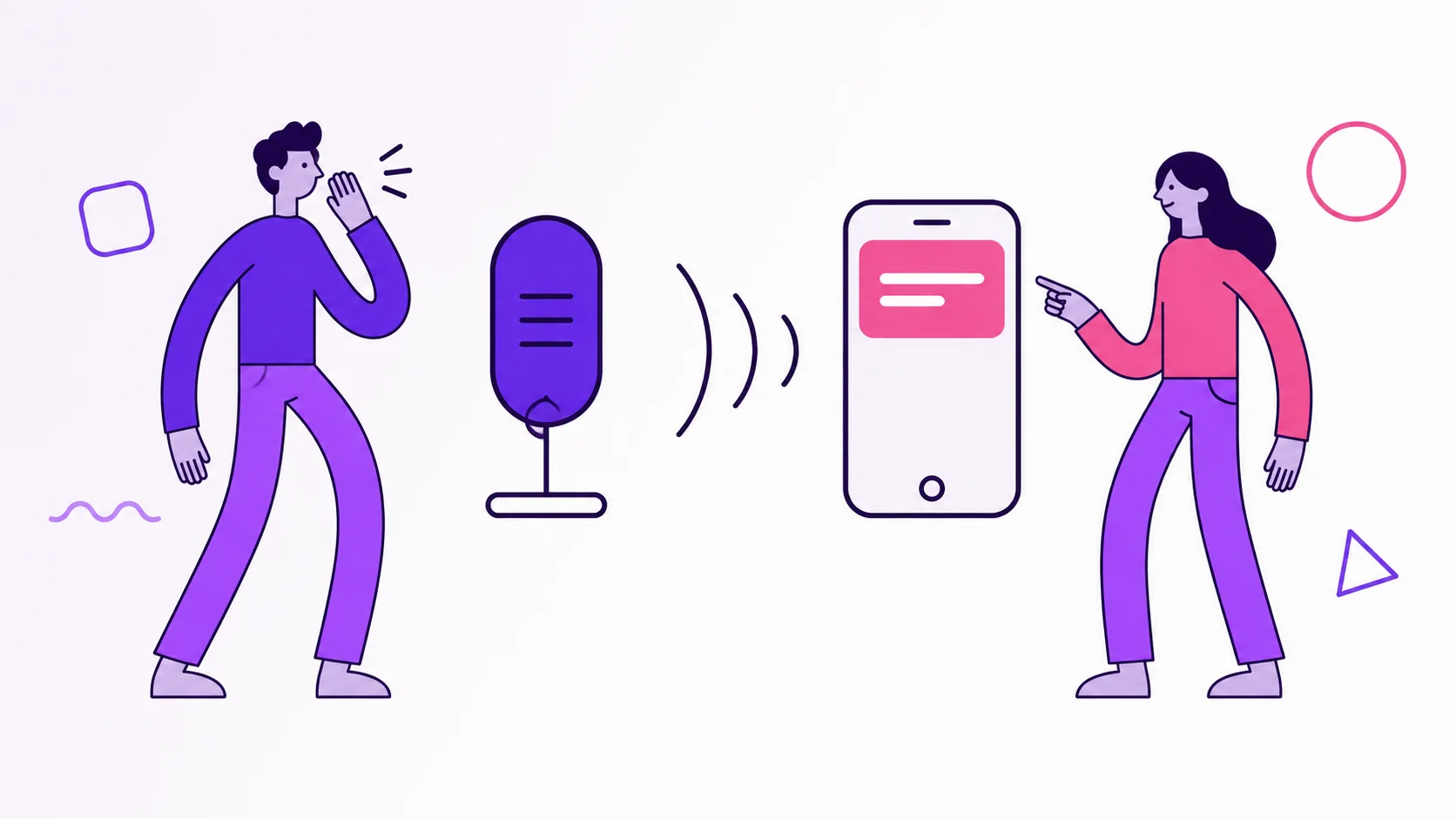 Casal usando a assistente de voz do dividi: um deles fala em direção a um microfone, ondas de voz cruzam o quadro até um celular onde aparece um cartão de gasto pronto para revisão.