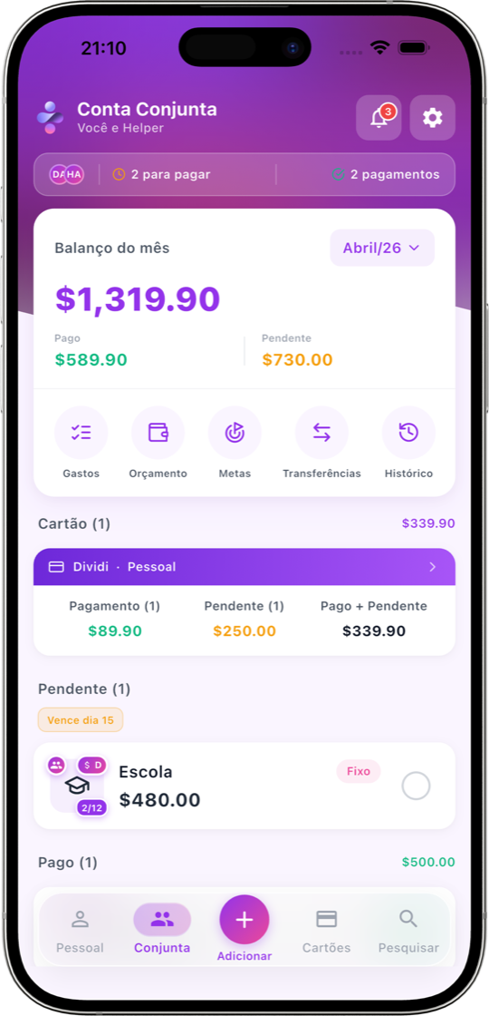 Mockup do dividi mostrando a tela principal da conta conjunta