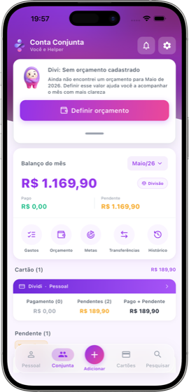 Mockup do dividi mostrando a tela principal da conta conjunta